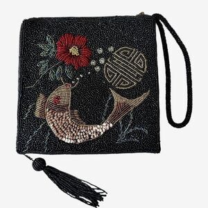Chicos Beaded Koi Carp Fish Wristlet‎ Purse Handbag 7 Inch Black Sequins Tassel